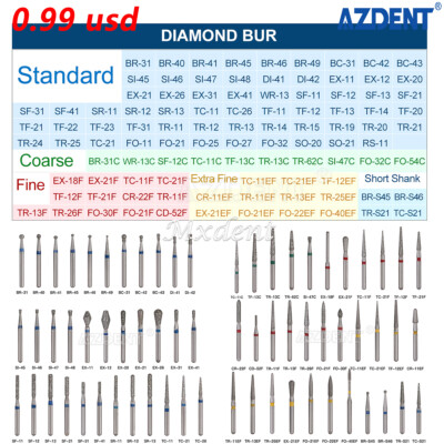 100 Type AZDENT Dental FG Diamond Burs Drills For High Speed Handpiece