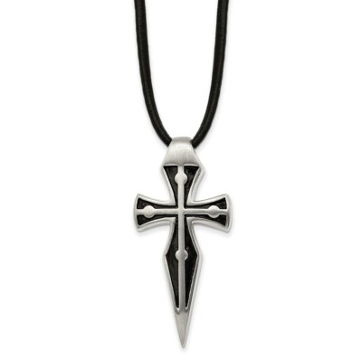 Stainless Steel Antiqued, Brushed & Polished LeatherCord w/2in ext Cross