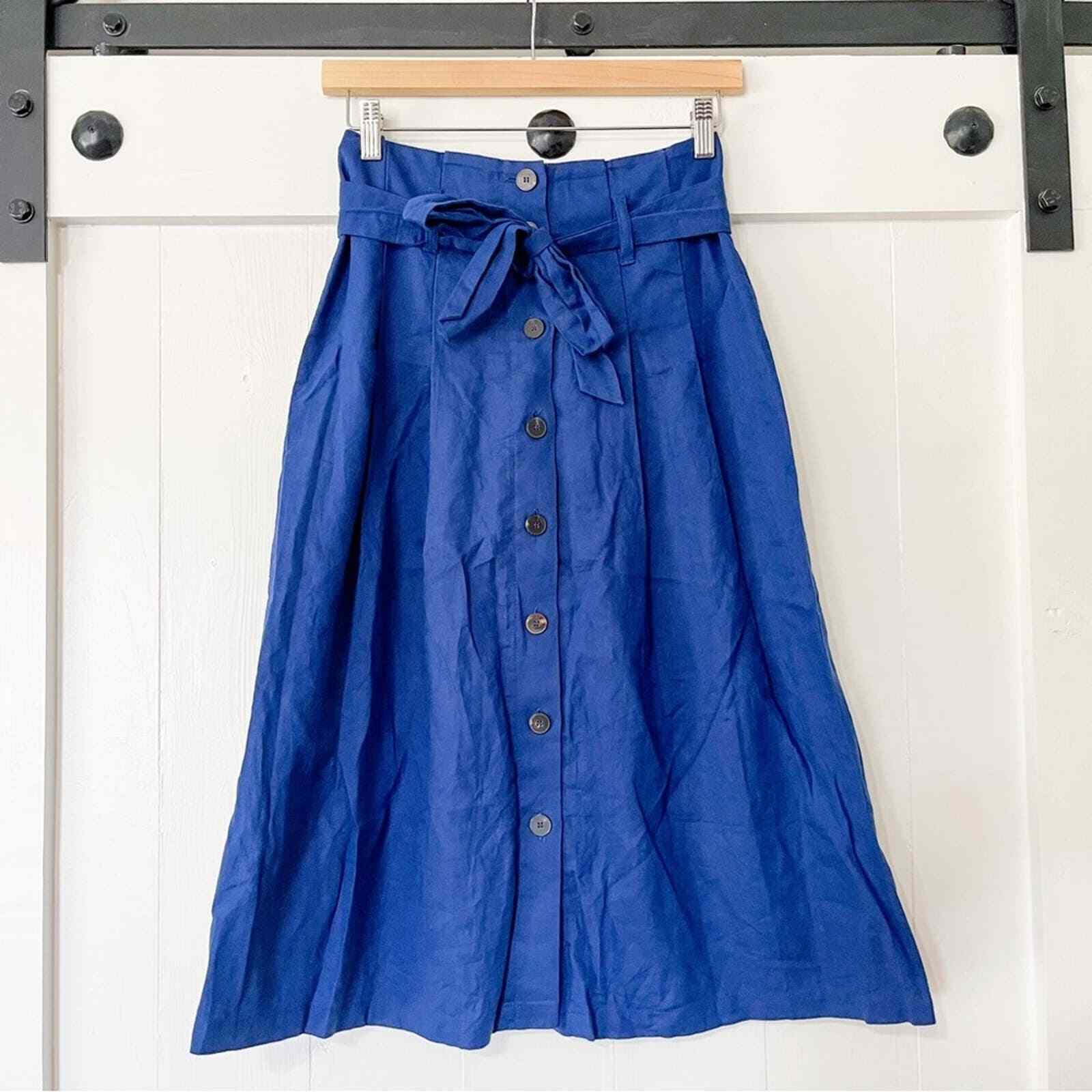Sezane Amandine Skirt Button Front Tie Waist Indigo Blue Size 34  