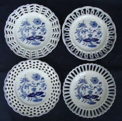 Milk Glass Blue Onion Lace Edge Decorative Display Plates  7 3/4'' SET OF 4