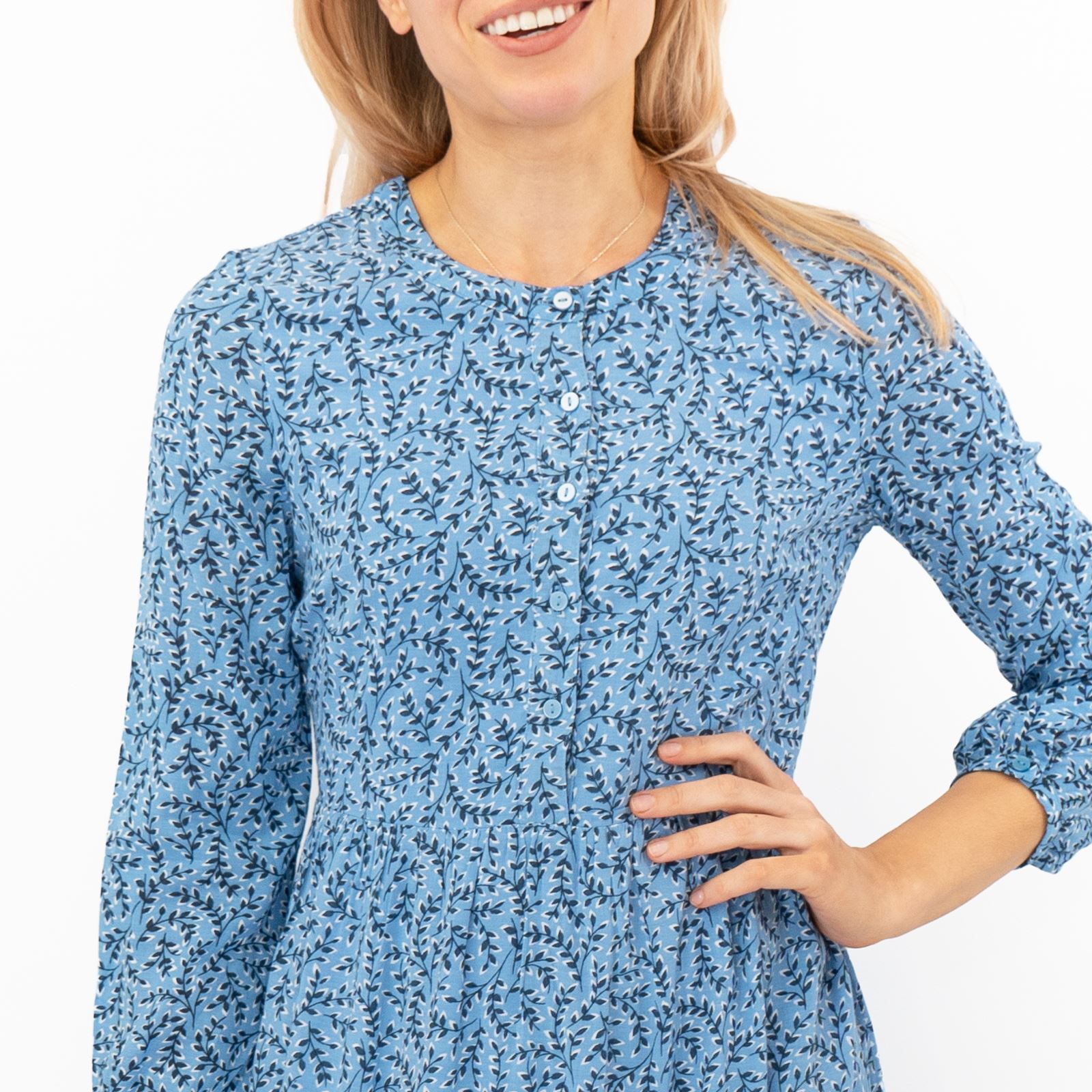 Seasalt Womens Midi Dress Blue Leaves Charbon Long Sleeves Tiered Lined