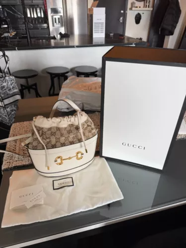 Gucci Horsebit 1955 Bucket Crossbody Bag Leather and GG Canvas Small