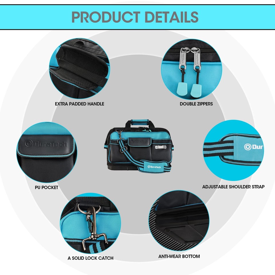 DURATECH 17" Wide Mouth Tool Bag Large Storage 32 Pocket Tool Bag