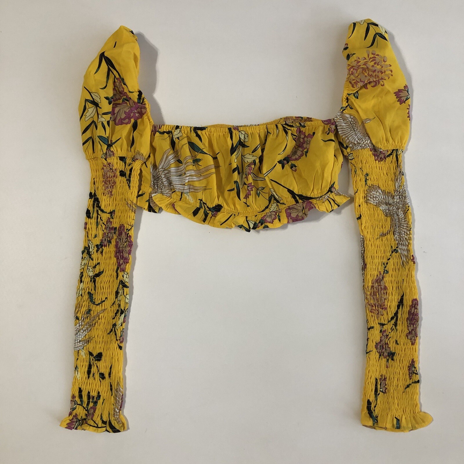 Pretty Little Thing Womens Yellow Floral Balloon Sleeve Crop Top Size 4