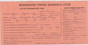 MINNESOTA TWINS PLAYER INFO. CARD SCOUTING REPORT PLAYER Thomas Seybold 1969
