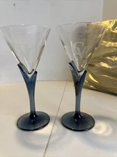 Set 2  Courvoisier Cognac Bormioli Luigi Tulip Blue Stem Martini Glasses Unused