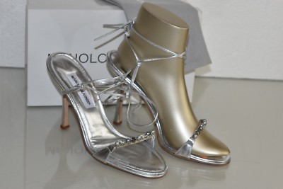 $1595 NEW Manolo Blahnik BAIXA Sandals Silver CRYSTALS PEARLS