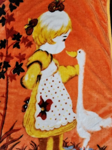 VTG Orange Little Girl Goose Duck Pond Leaf Microplush Throw Blanket 40x60 - Picture 10 of 16