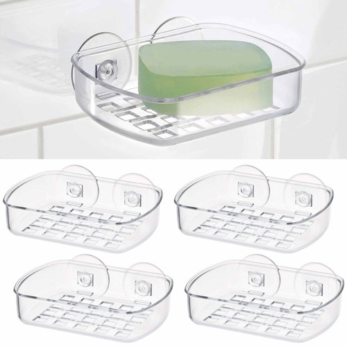 4 Clear Soap Dish Suction Cup Drain Holder Bar Saver Tray Bathroom Shower Rack
