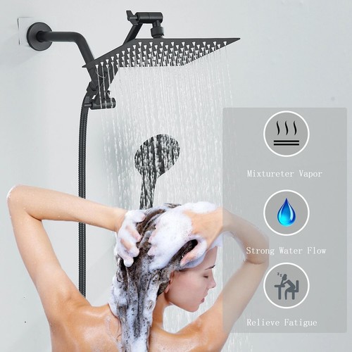8" Matte Black Shower Head with Handheld Spray Rainfall Combo And Adjustable Arm - Picture 2 of 19