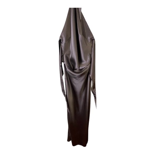 Retrofete Ester Gown Maxi Dress Halter Neck Draped Satin Tie Back Charcoal Sz M - Picture 10 of 18