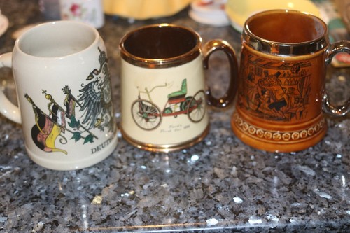 LOT OF 3 BEER STEINS DUTCH, FORDS 1ST CAR AND ENGLAND BAR SCENE GOLD ACCENTS
