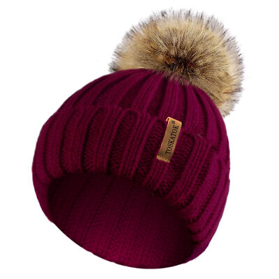 Winter Hats For Women - Fur Pom Pom Beanie, Knitted Cuff Slouchy Ski Cap, Warm & Stylish