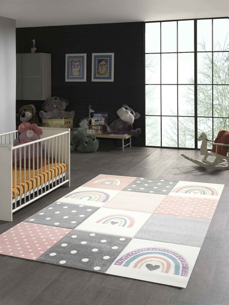 Kinderteppich Regenbogen Rosa Grau Creme-image