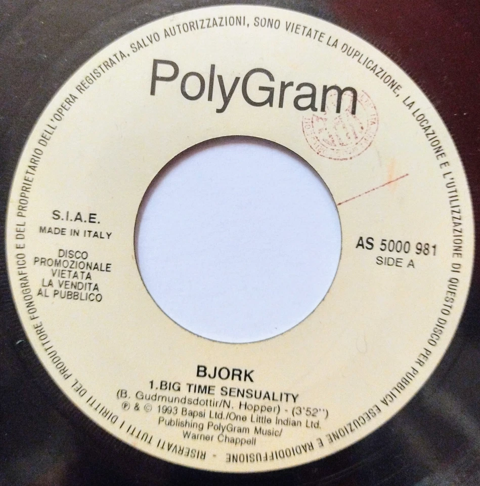 BJORK BIG TIME SENSUALITY 7" ITALY JUKEBOX 45 VINYL - FREE PIC CUSTOM WALLET - Image 2 of 3