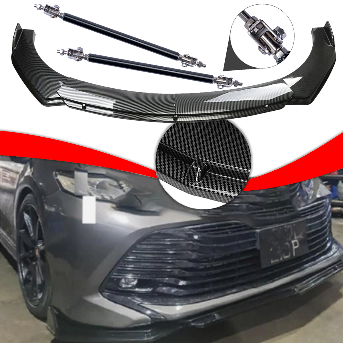 For Toyota Camry SE XSE Carbon Fiber Style Front Bumper Lip Spoiler /Strut Rods