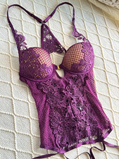 Frederick  s of Hollywood Lace Bustier Teddy Garter Bodysuit M Plum Purple