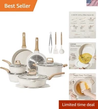 16 Piece Pots and Pans Set Nonstick, White Granite Cookware Sets Induction Co...