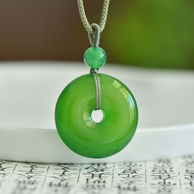 Natural Ice Jade Carved Green Ping An Buckle Necklace With Rope Gift