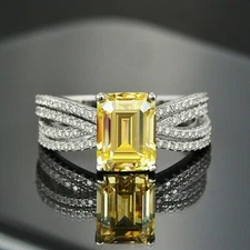 Emerald 4.10 Ct Citrine & Moissanite Ring 14K White Gold Finish