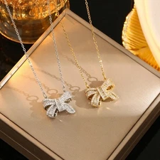 Women Necklace Bow Pendant Cubic Zircon 18k Silver & Gold Plated Chain Jewelry
