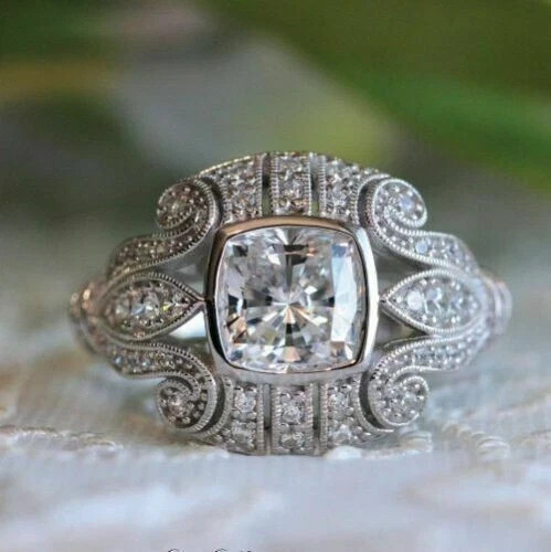 Art Deco Style Cushion Cut Lab Created Diamond 14K White Gold FN Engagement Ring