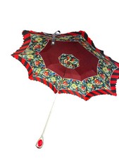 VTG Artsy Ruby Knob Floral Design Black Red Luxury Umbrella 37  wide 34  tall