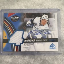 Upper Deck SP Game Used Erik Haula Nations Face-Off Fabrics Auto Jersey Finland