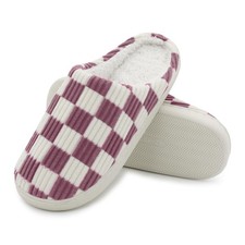 Women House Pink Fuzzy Slippers - Plaid Scuff Checkered Slip-on Memory Foam I...