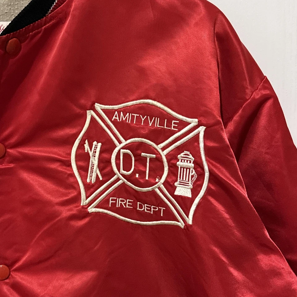Vintage Bomber Jacket Mens Extra Large Red Satin Amityville Fire Dept Snap Front - Image 3 of 4