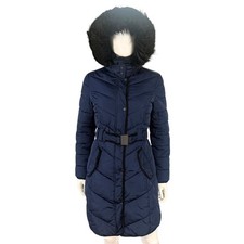 Tommy Hilfiger Long Chevron Quilted Puffer Coat Faux Fur Hood Belted Winter XS