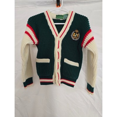 Vintage Windsor Classic Kids Boys Girls Knit Cardigan Green Cream Crest Size 5