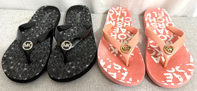 Michael Kors Women's Rubber Thong Flip Flop Sandals Black & Coral Size 7