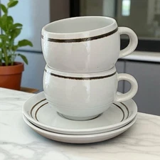 Denby England Cups Saucers Set of 2 Vanilla Brown Stripe Stoneware Coffee Tea