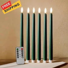 Green Flameless Taper Candles with Remote Timer, Flickering Set of 6, 