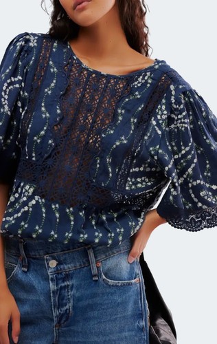 Free People Bali Tate Navy Floral Lace-Trimmed Bodysuit Open Back Size XL - Picture 15 of 17