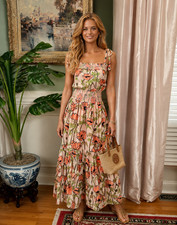 Tory Burch Smocked Floral Maxi Length Sun Dress Pink Poppies Bloom Size SMALL