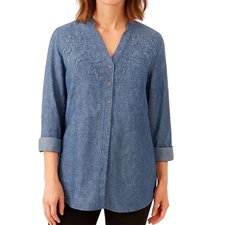 Uncommon Threads By J. Jill Blue Cotton V-Neck Floral Blouse, Small, Cottagecore