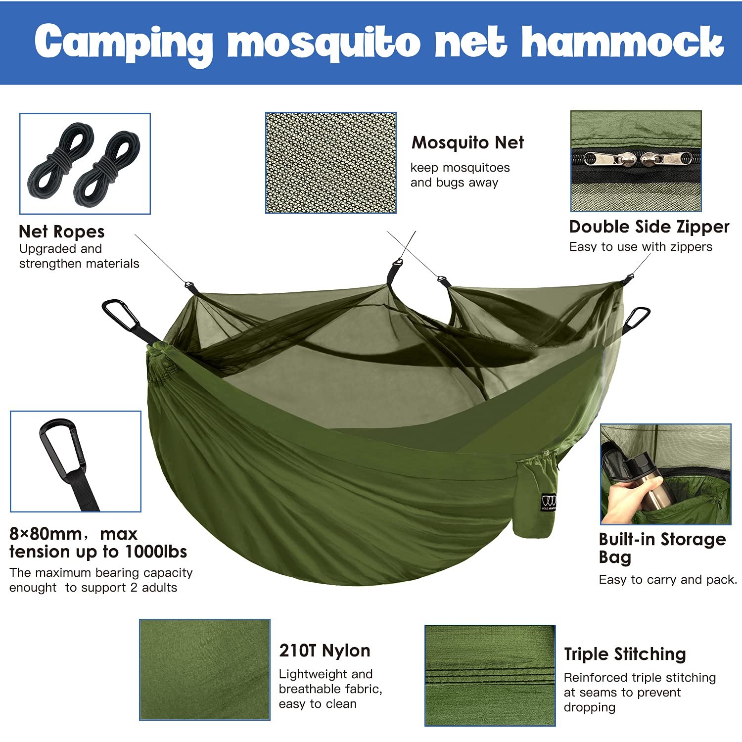 Gold Armour Camping Hammock - Camping Essentials, Double Hammock with Bug Net...