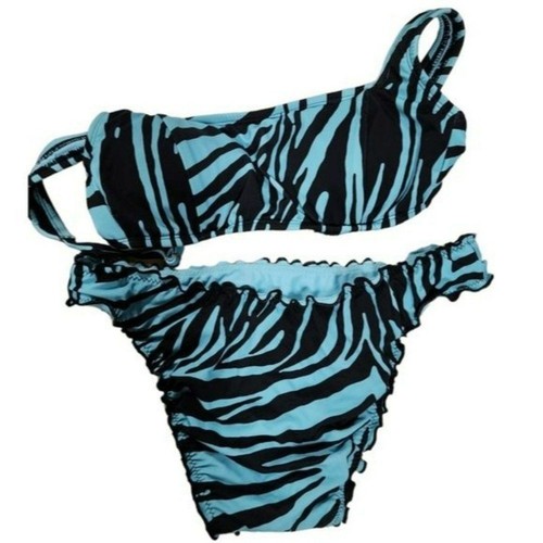 Size M Shade And Shore Blue Black Zebra Print Swim Bikini Set Two Piece