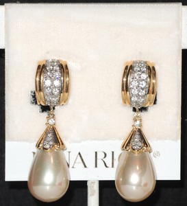 Authentic NINA RICCI Gold Plated Clip Earrings with Swarovski Crystals & Dangle Pearls