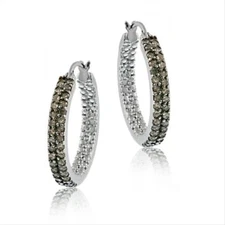 925 Silver 3/4ct Champagne Diamond 2-Row Hoop Earrings