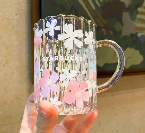 Starbucks Electroplate Pink Sakura Mug Glass Cup & Glass Cherry Blossom Stir rod