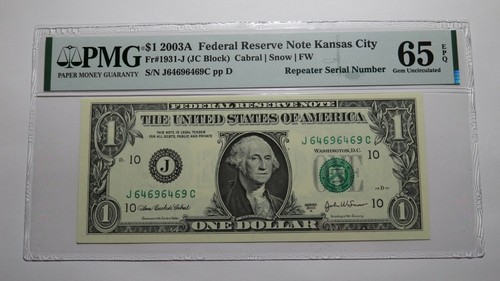 $1 2003A Repeater Serial Number Federal Reserve Currency Bank Note Bill UNC66EPQ