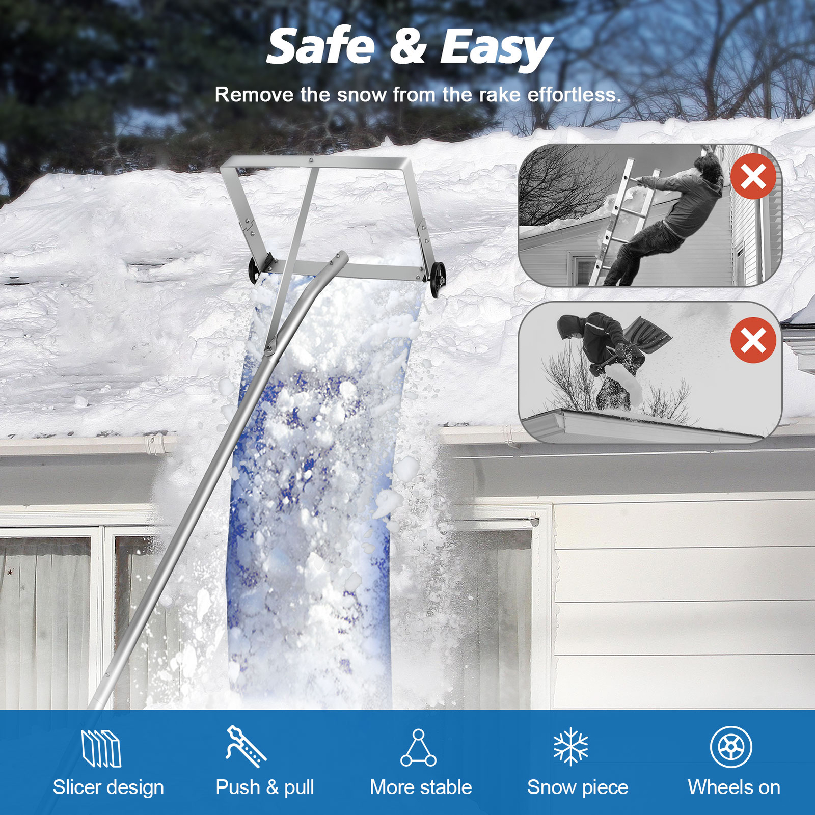 Snow Roof Rake 20ft Reach Aluminium Roof Shovel w/ Wheels+ Slide Cloth