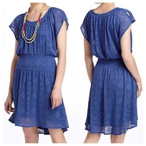 Leifnotes Anthropologie Blue Floral Lace Smocked Waist Hi Lo Peasant Dress Sz XS - Picture 2 of 7