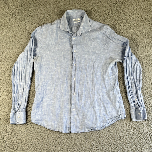 Reiss Shirt Men's XL Blue Button Up 100% Linen Regular Fit Casual Long Sleeve