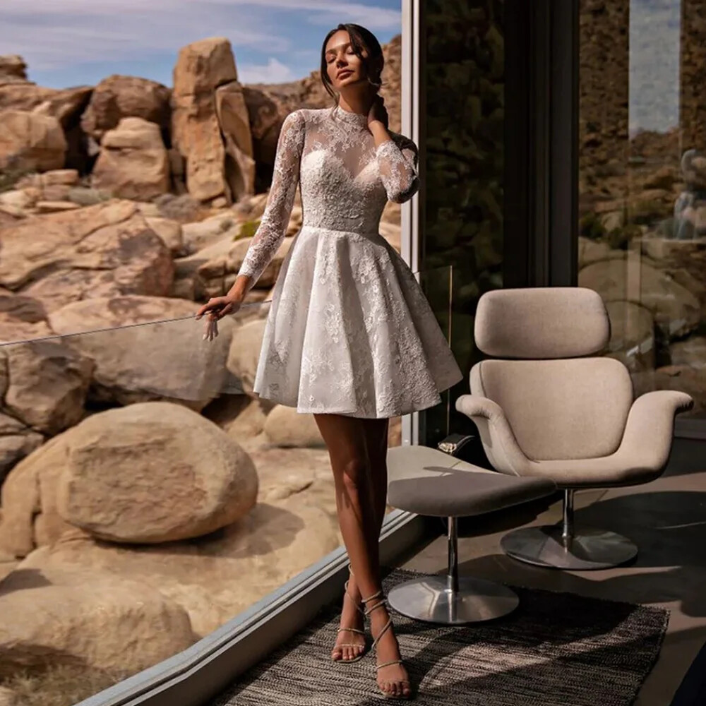 Elegant Mini Wedding Dress High Neck Long Sleeve Lace Applique Short Bridal Gown | eBay Elegant Mini Wedding Dress High Neck Long Sleeve Lace Applique Short Bridal Gown | eBay