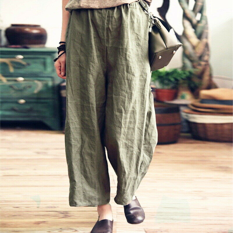 New Women Cotton Linen Pants Comfort Flax Loose Cropped Casual Trousers Size