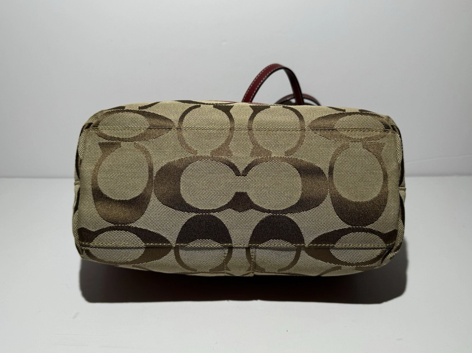 Borsa Coach Signature a righe kaki e cremisi tela pelle tote bag vintage nuova con etichetta